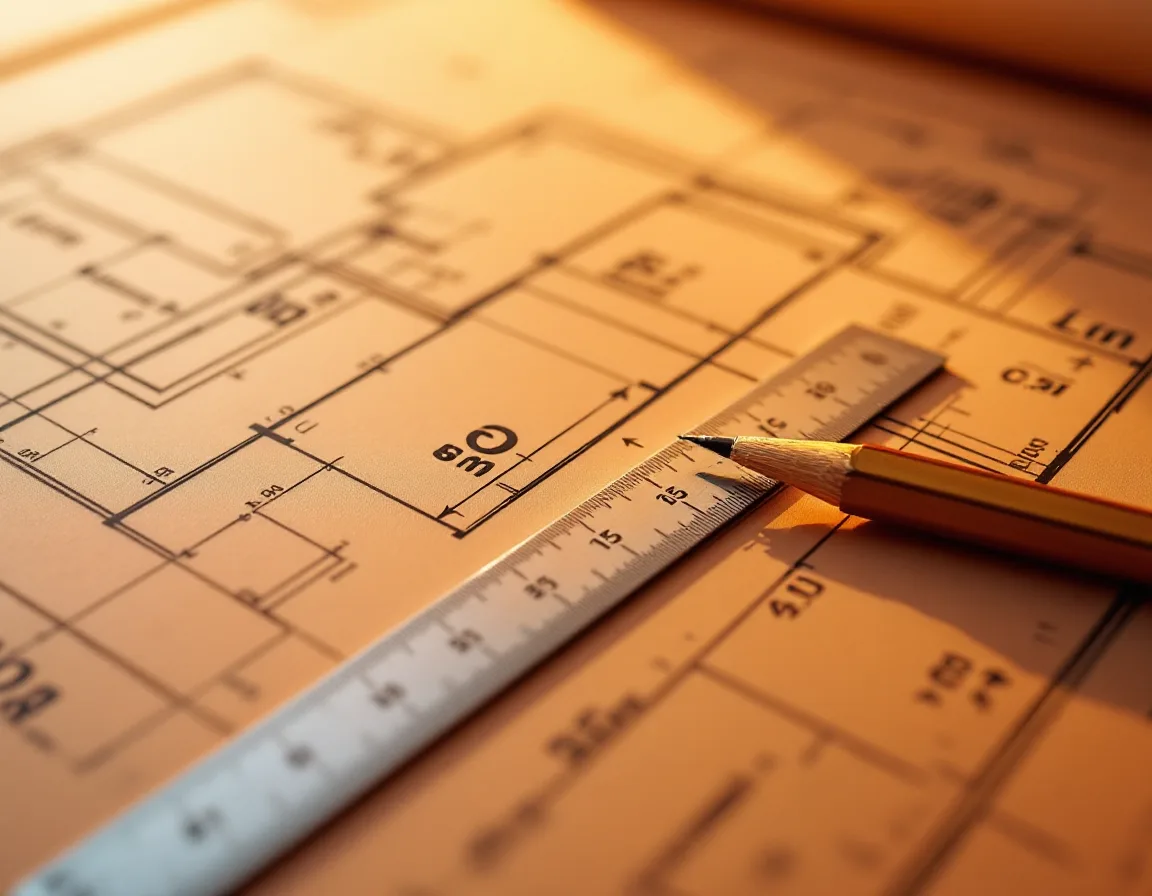 A scale ruler and pencil resting across precise dimensioned linework on a construction drawing